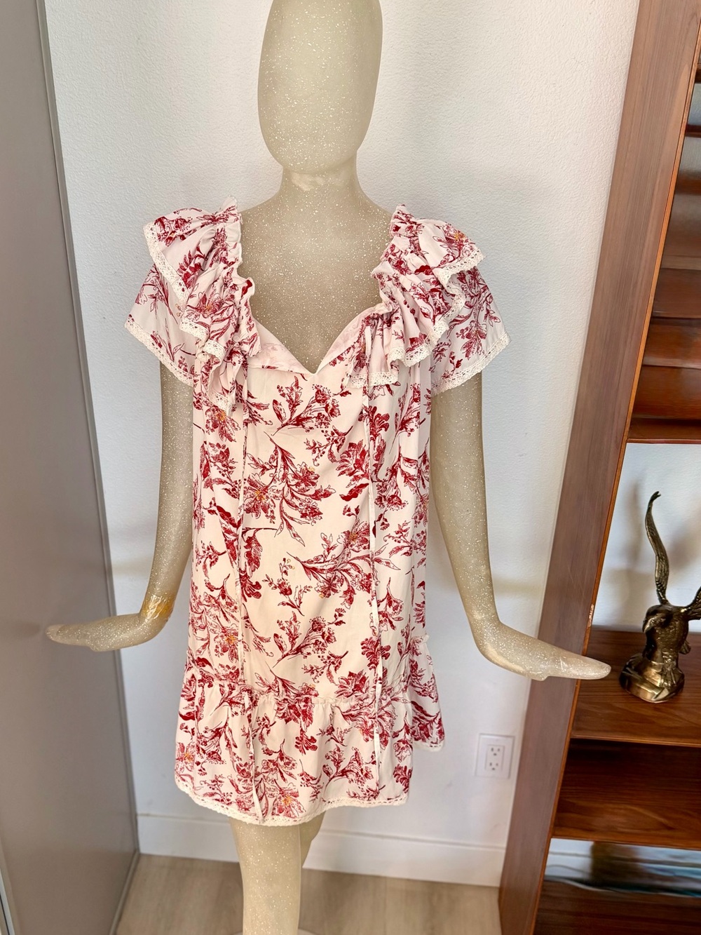 Uli Herzner Iris Ruffle Off-The-Shoulder Dress Red/Cream/Lace. Size XSmall